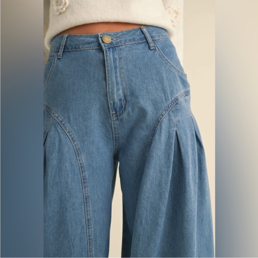 Mable Palazzo Jeans High Rise Pleated Wide Leg Lightweight Denim Blue M NWT - Picture 12 of 16